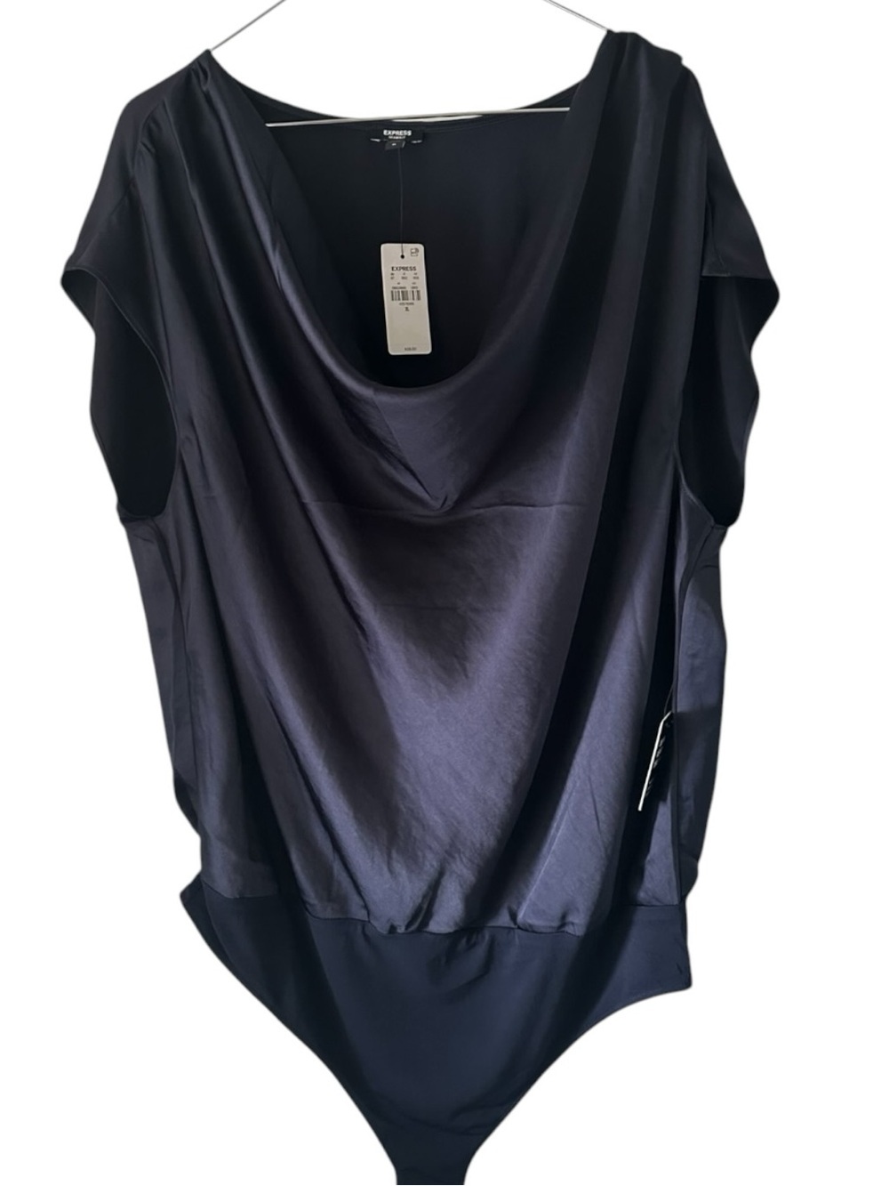 Express Dark Blue Satin Draped Cowl Bodysuit